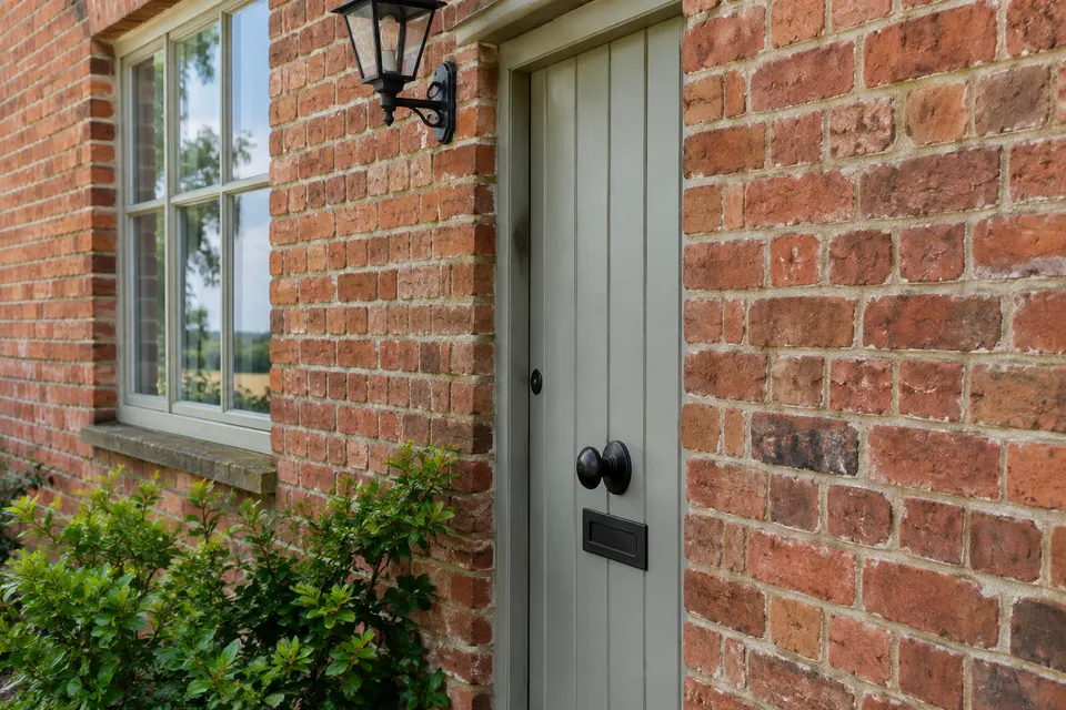 Traditional brick masonry and a timber window frame