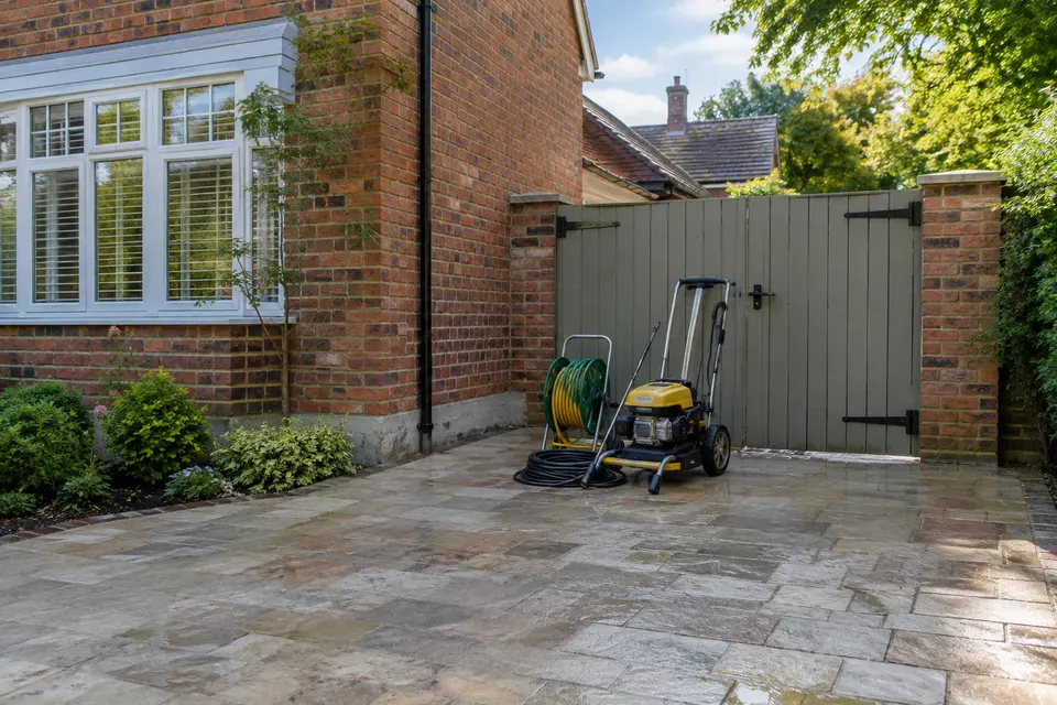 Private residential paving with exterior cleaning equipment