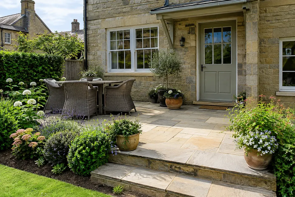 A patio, porch and low garden steps beside a home
