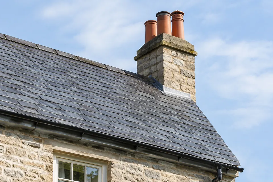 Slate roof and gutter details on a stone house