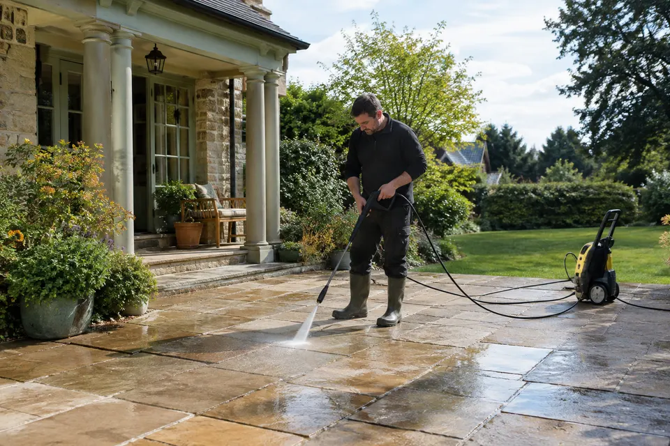 A stone patio and house porch